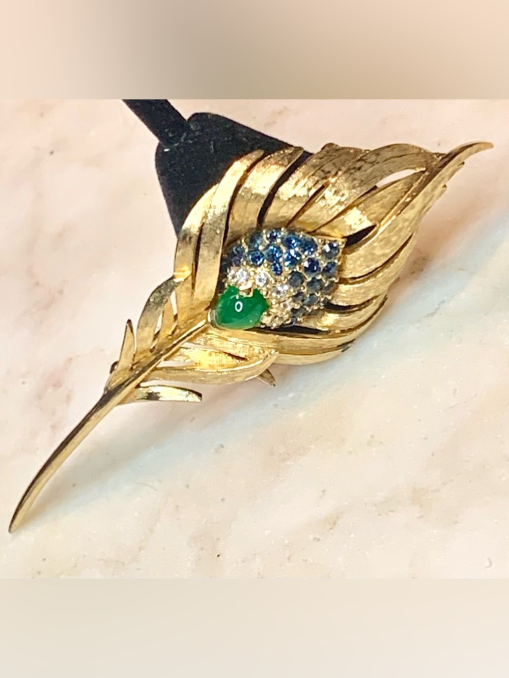 MARCEL BOUCHER PEACOCK FEATHER BROACH PIN GOLD TONE VINTAGE